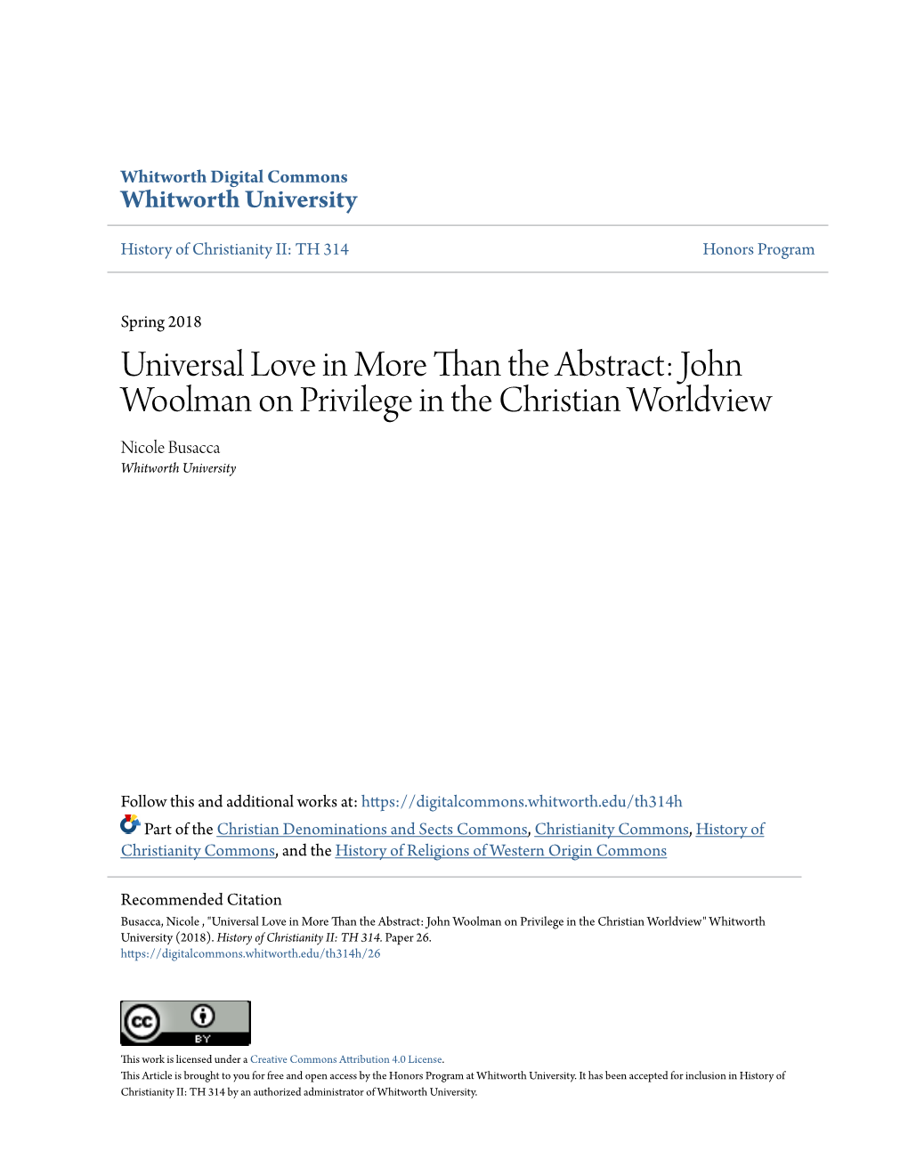 John Woolman on Privilege in the Christian Worldview Nicole Busacca Whitworth University