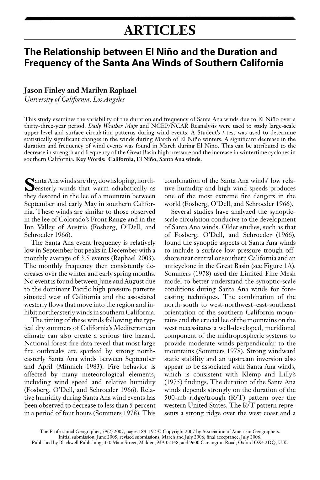 ARTICLES the Relationship Between El Nin˜ O and the Duration and Frequency of the Santa Ana Winds of Southern California