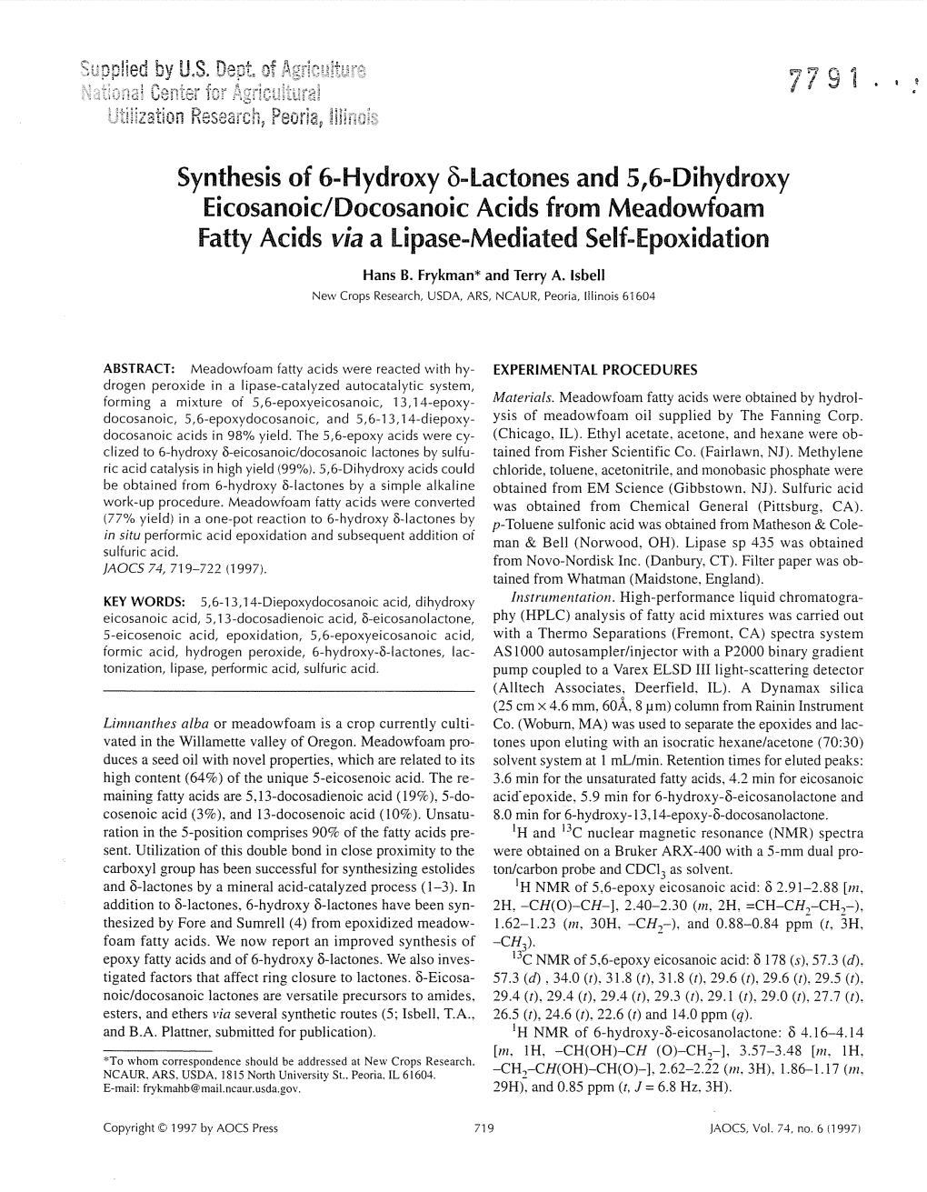 Synthesis of 6-Hydroxy B-Lactones and 5,6-Dihydroxy Eicosanoic/Docosanoic Acids from Meadowfoam Fatty Acids Via a Lipase-Mediated Self-Epoxidation