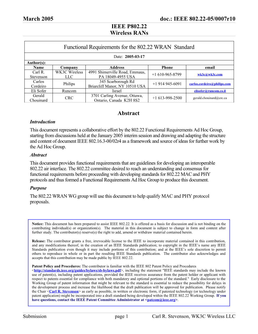 Functional Requirements for the 802.22 WRAN Standard