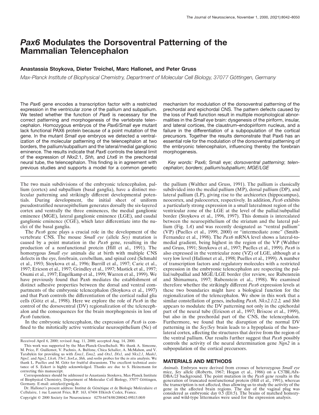 Pax6 Modulates the Dorsoventral Patterning of the Mammalian Telencephalon