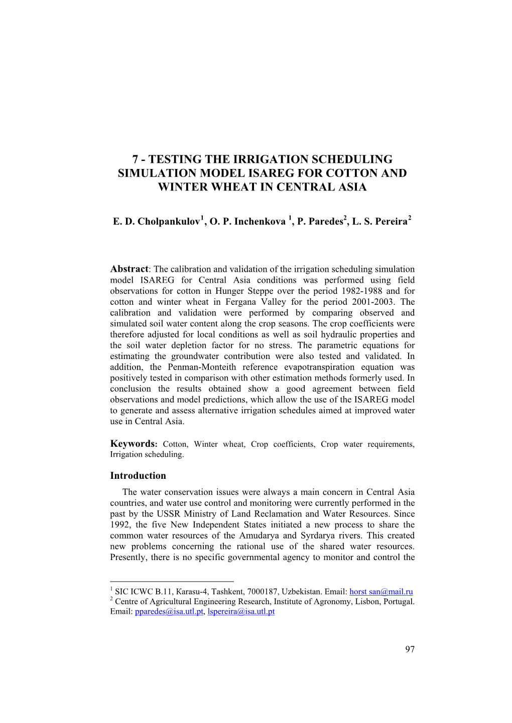 Testing the Irrigation Scheduling Simulation Model Isareg for Cotton and Winter Wheat in Central Asia