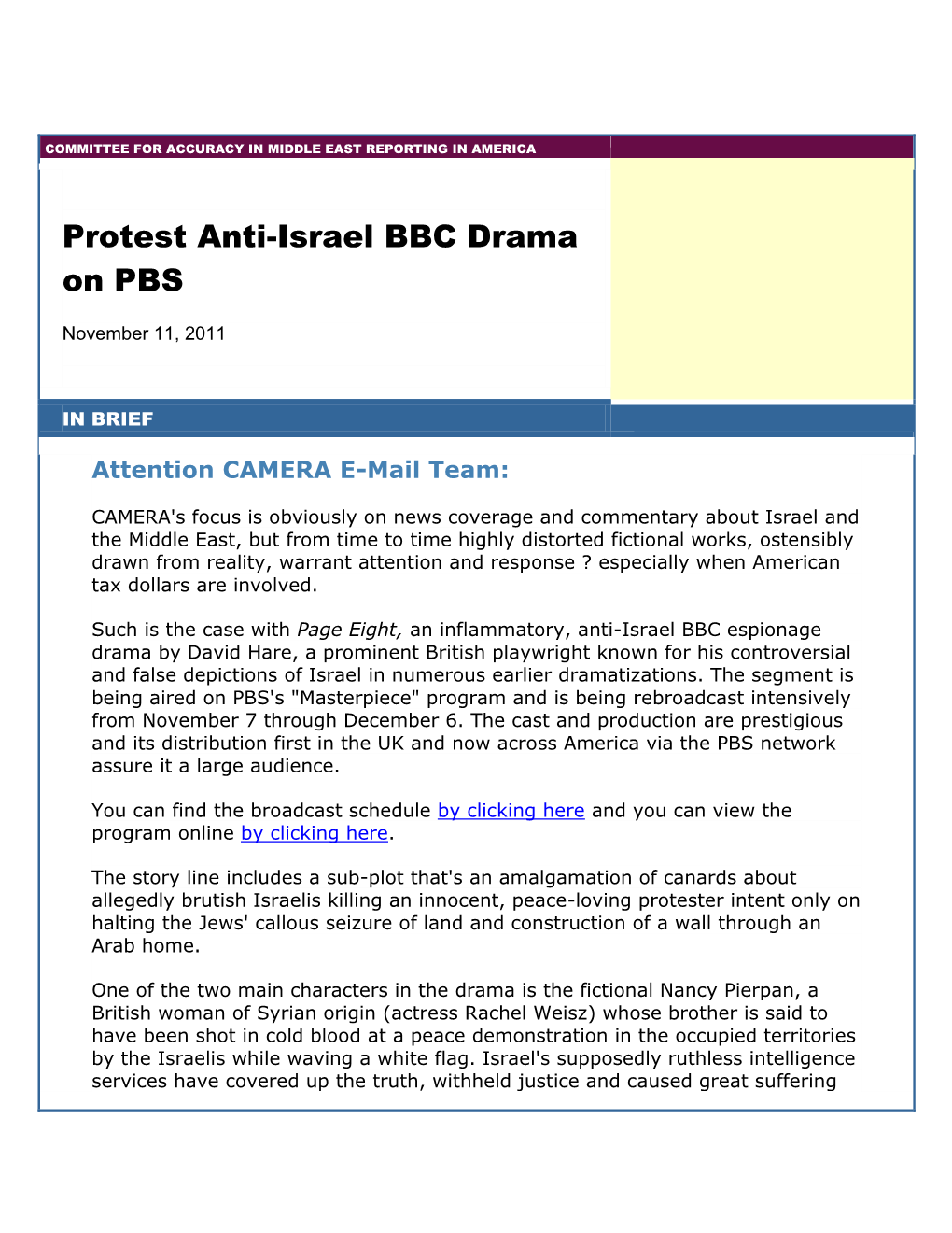 Protest Anti-Israel BBC Drama on PBS