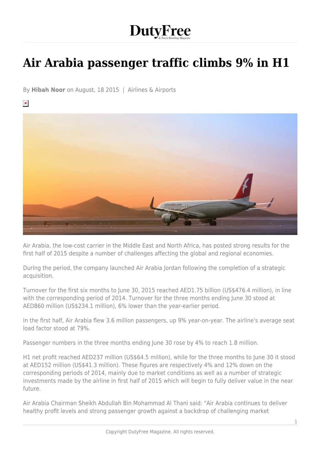 Air Arabia Passenger Traffic Climbs 9% in H1