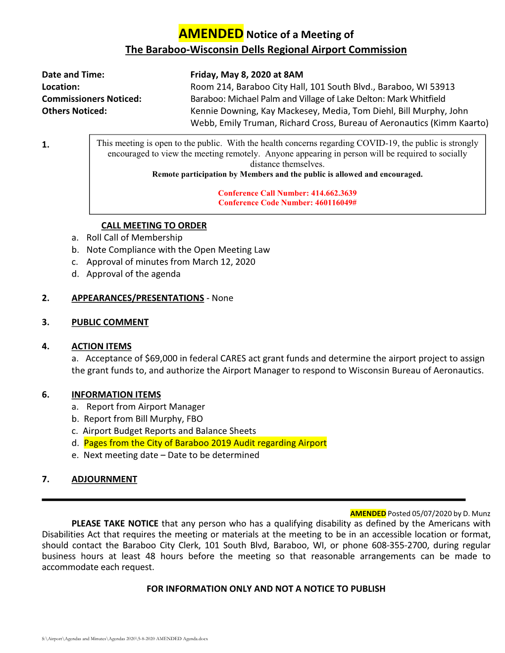 Amendednotice of a Meeting of the Baraboo-Wisconsin Dells Regional Airport Commission