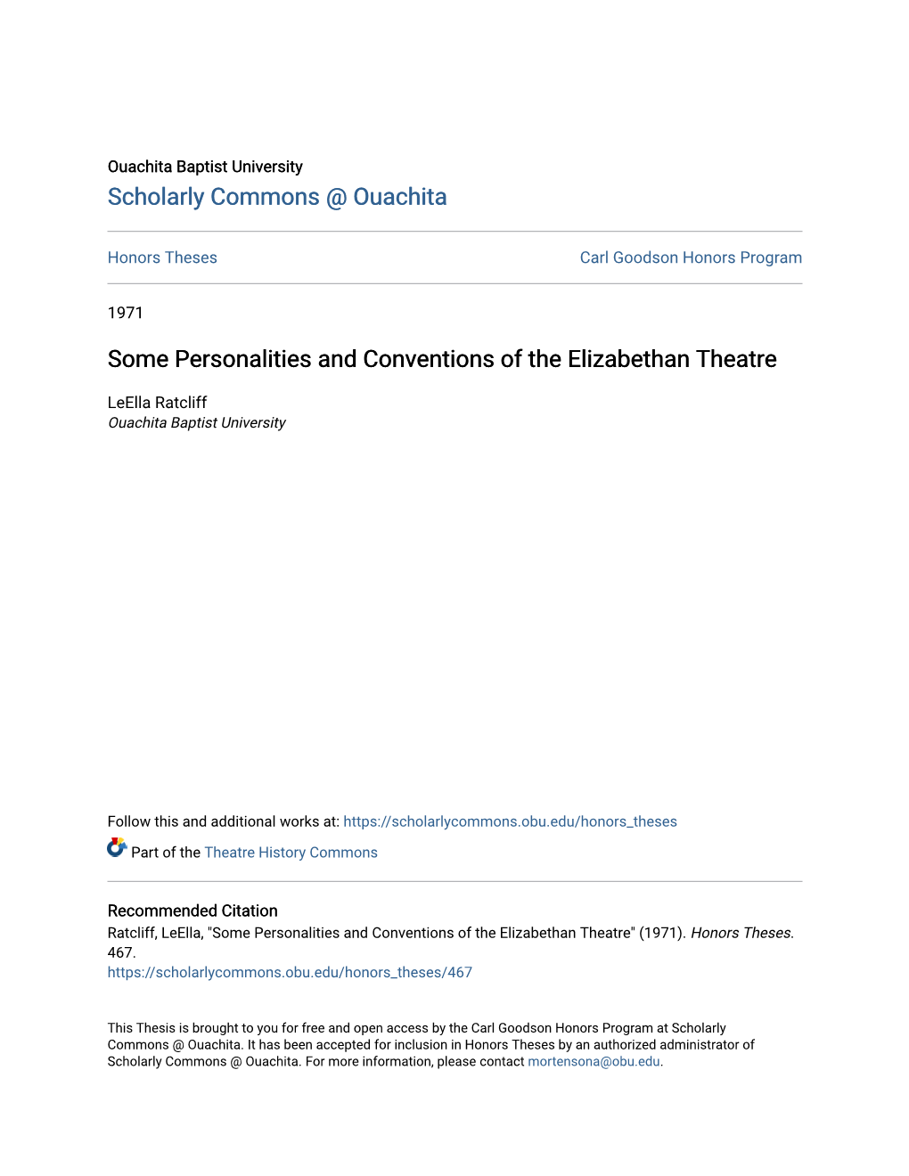 Some Personalities and Conventions of the Elizabethan Theatre