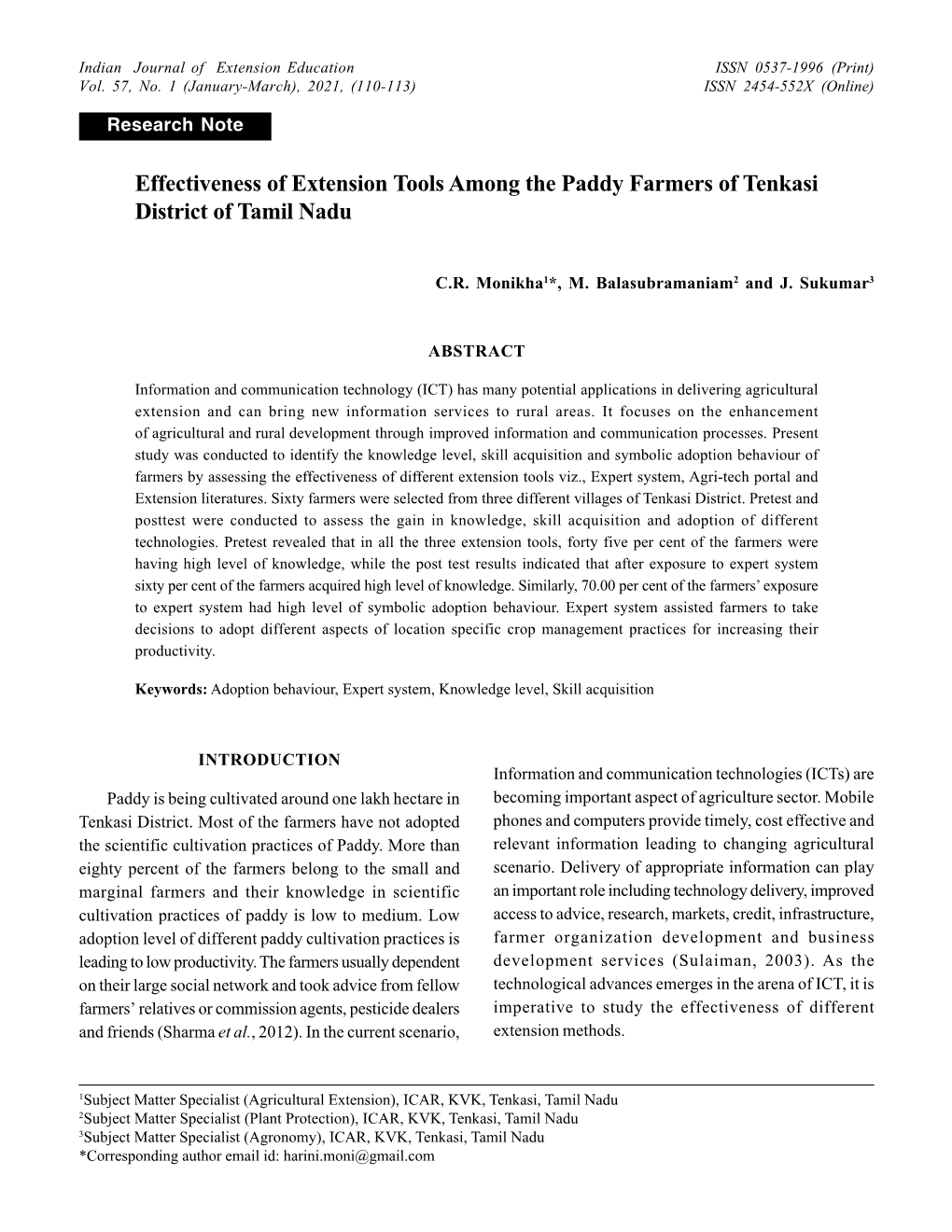 Effectiveness of Extension Tools Among the Paddy Farmers of Tenkasi District of Tamil Nadu