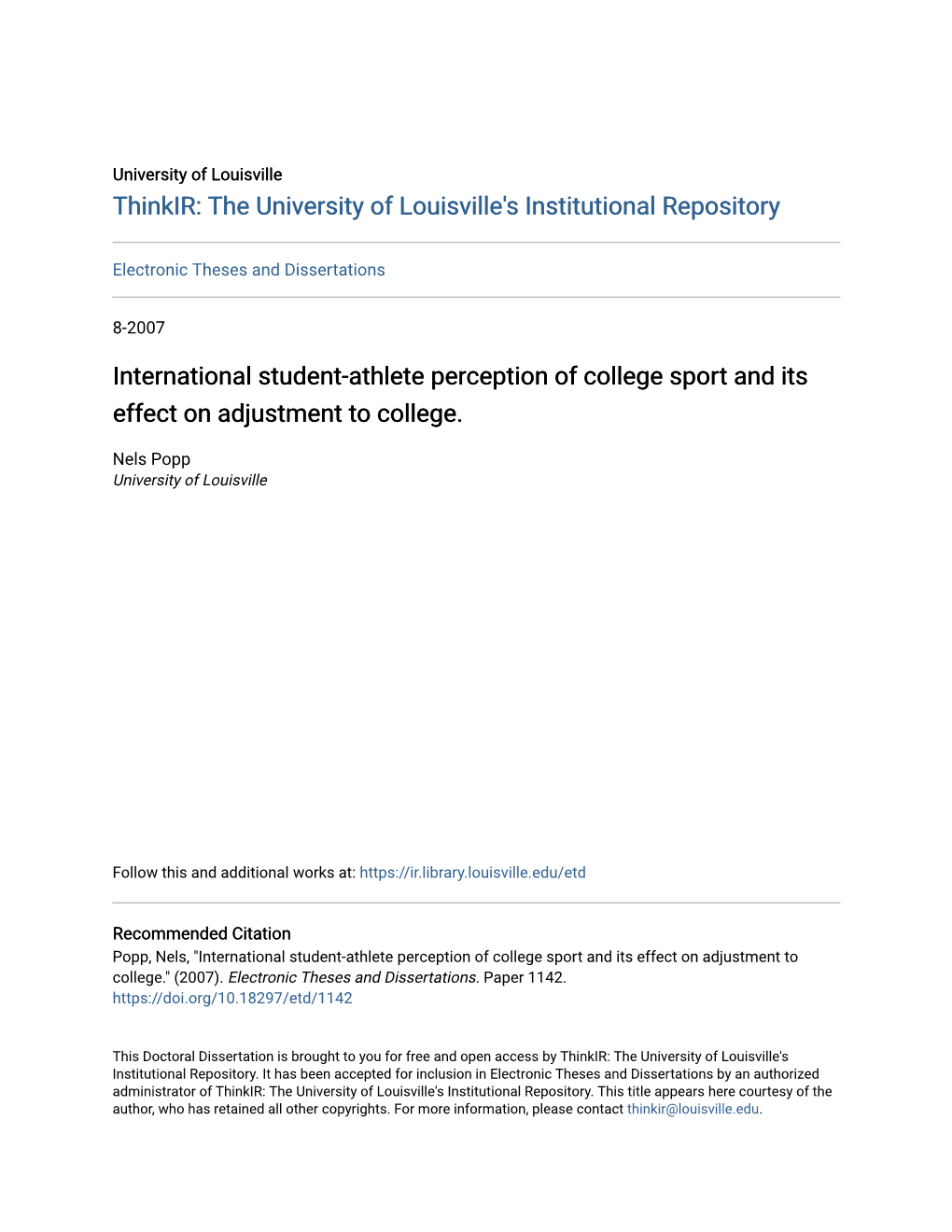 International Student-Athlete Perception of College Sport and Its Effect on Adjustment to College