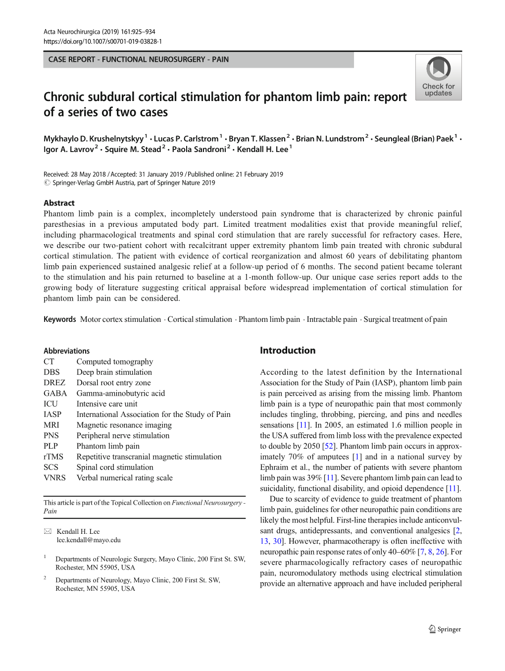 Chronic Subdural Cortical Stimulation for Phantom Limb Pain: Report of a Series of Two Cases