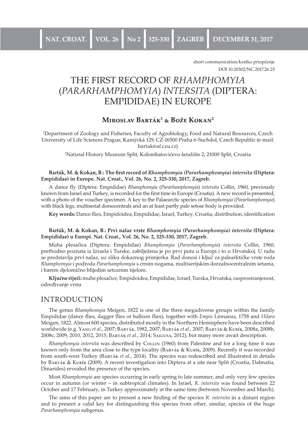 The First Record of Rhamphomyia (Pararhamphomyia) Intersita (Diptera: Empididae) in Europe