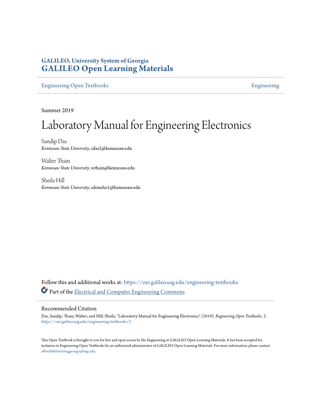 Laboratory Manual for Engineering Electronics Sandip Das Kennesaw State University, Sdas2@Kennesaw.Edu