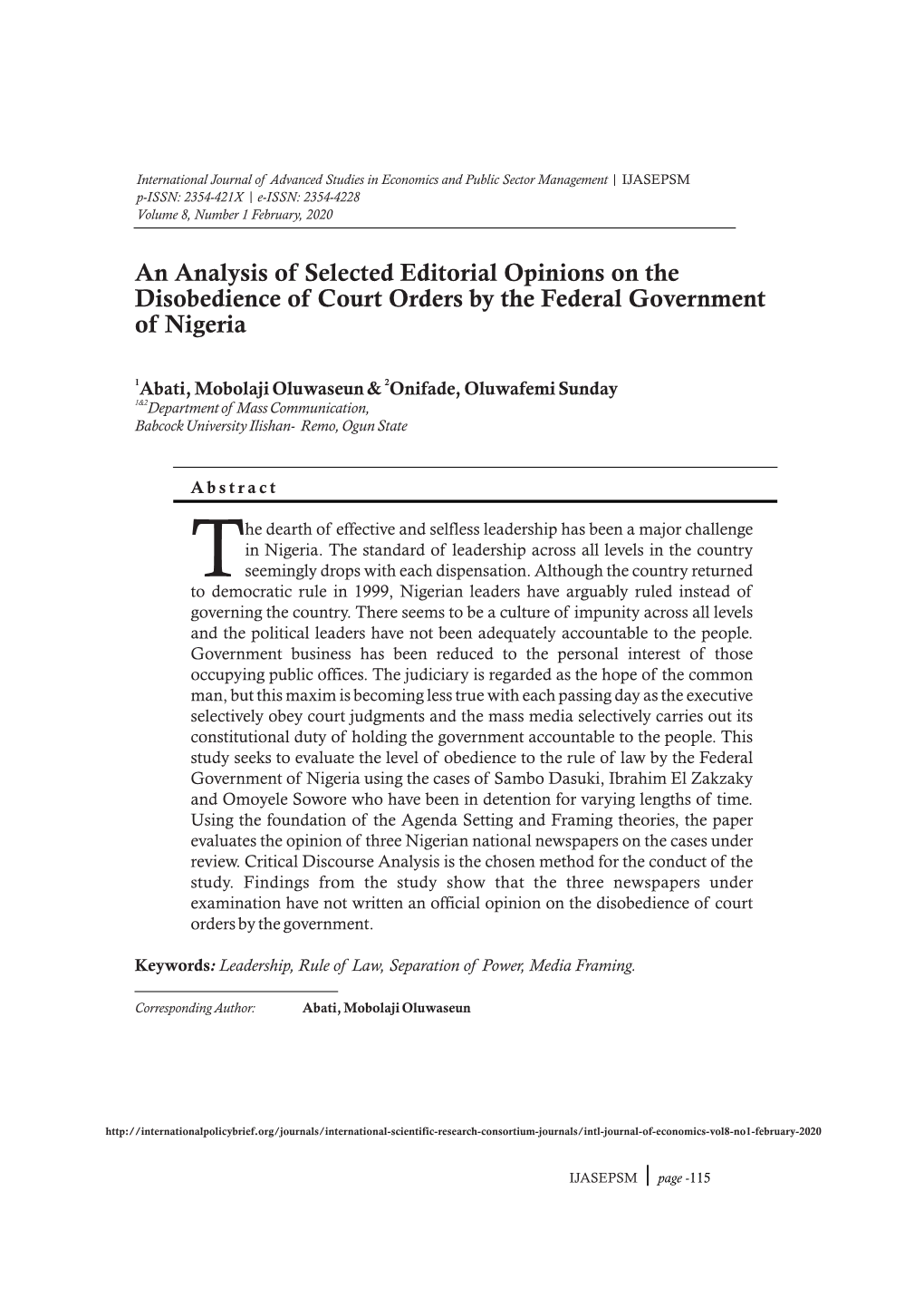 An Analysis of Selected Editorial Opinions on the Disobedience of Court Orders by the Federal Government of Nigeria