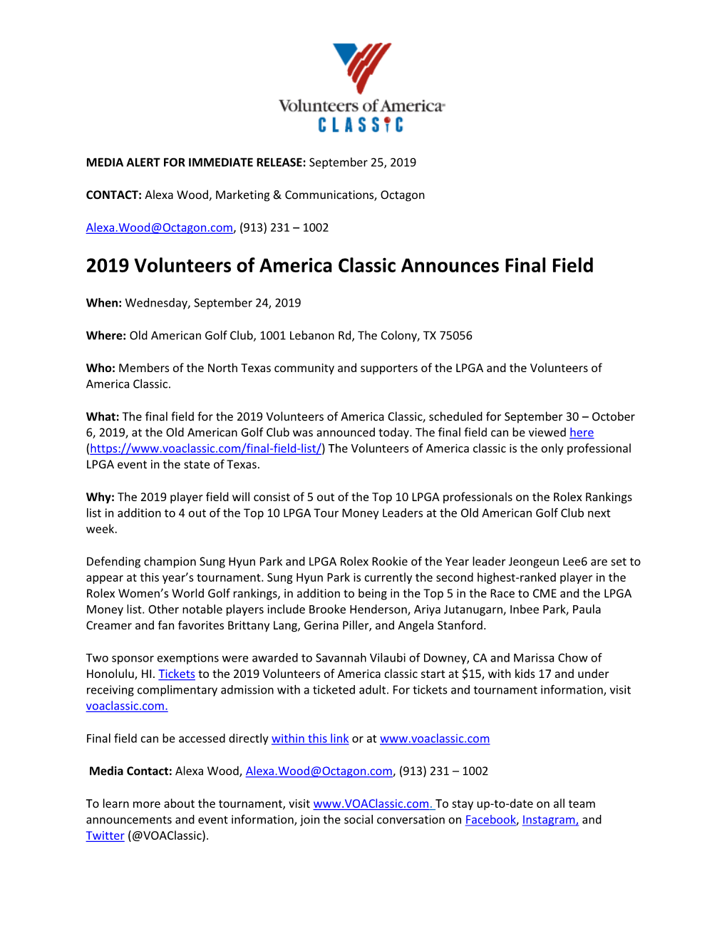 2019 Volunteers of America Classic Announces Final Field