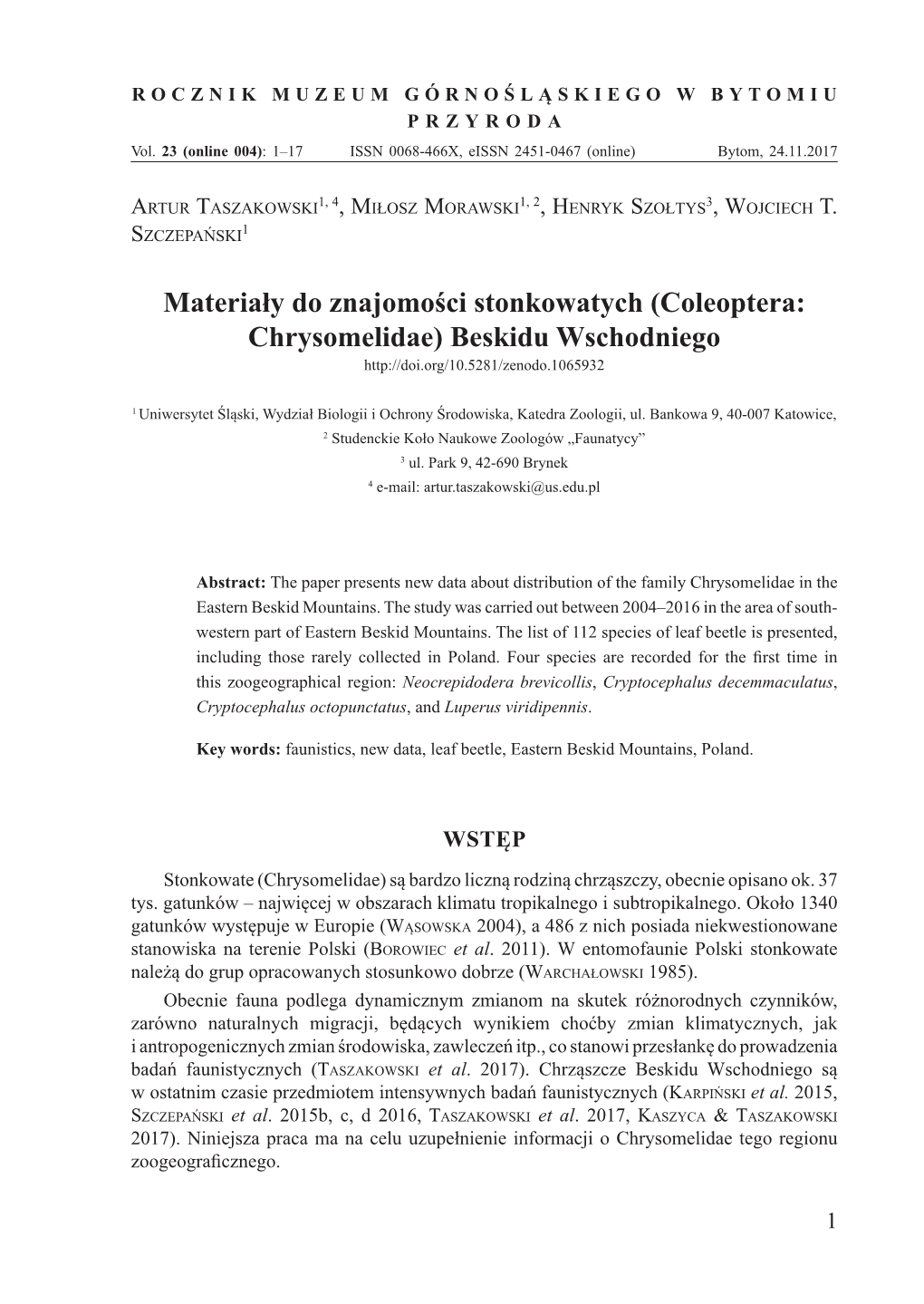 Materiały Do Znajomości Stonkowatych (Coleoptera: Chrysomelidae) Beskidu Wschodniego