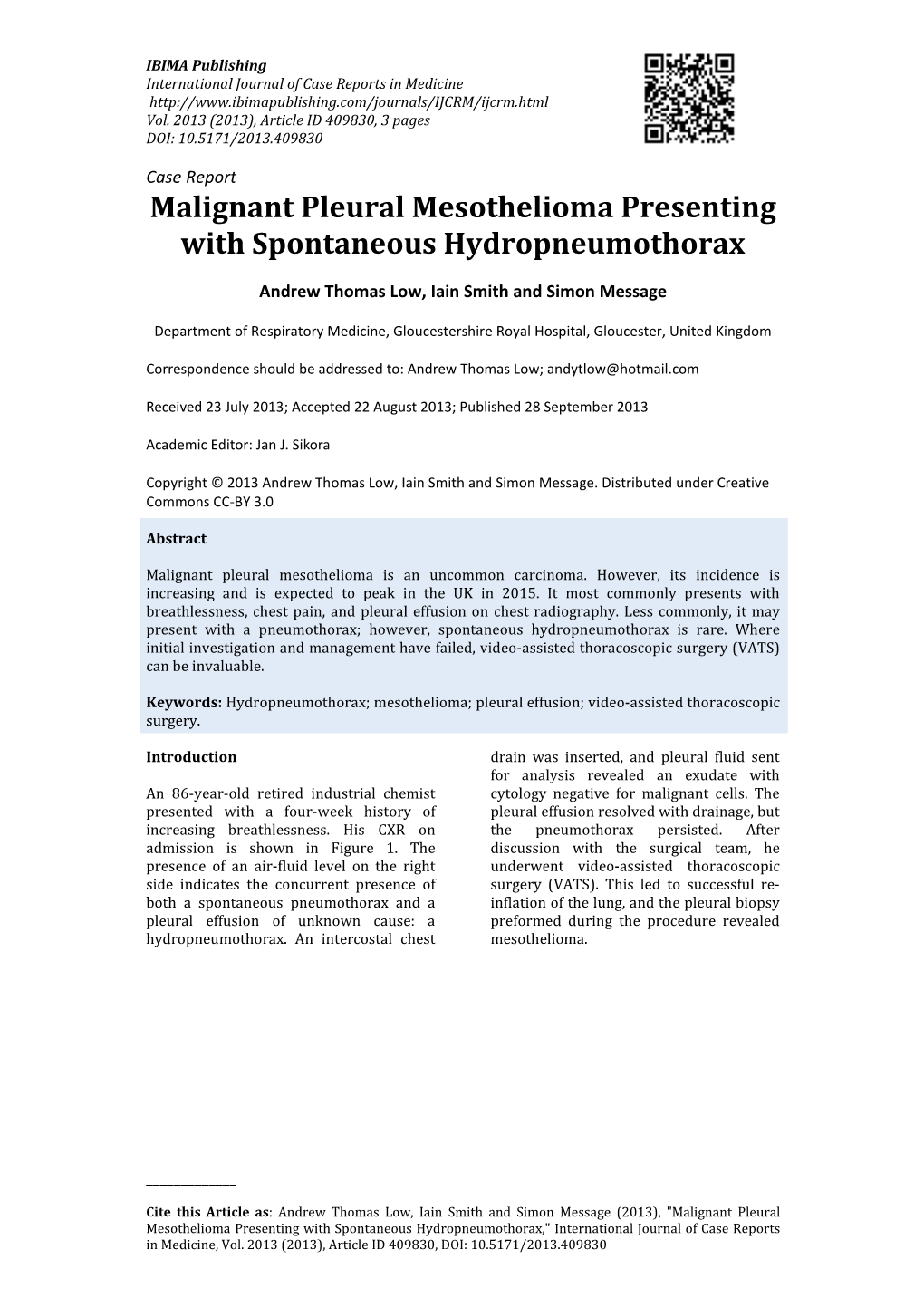 Malignant Pleural Mesothelioma Presenting with Spontaneous Hydropneumothorax