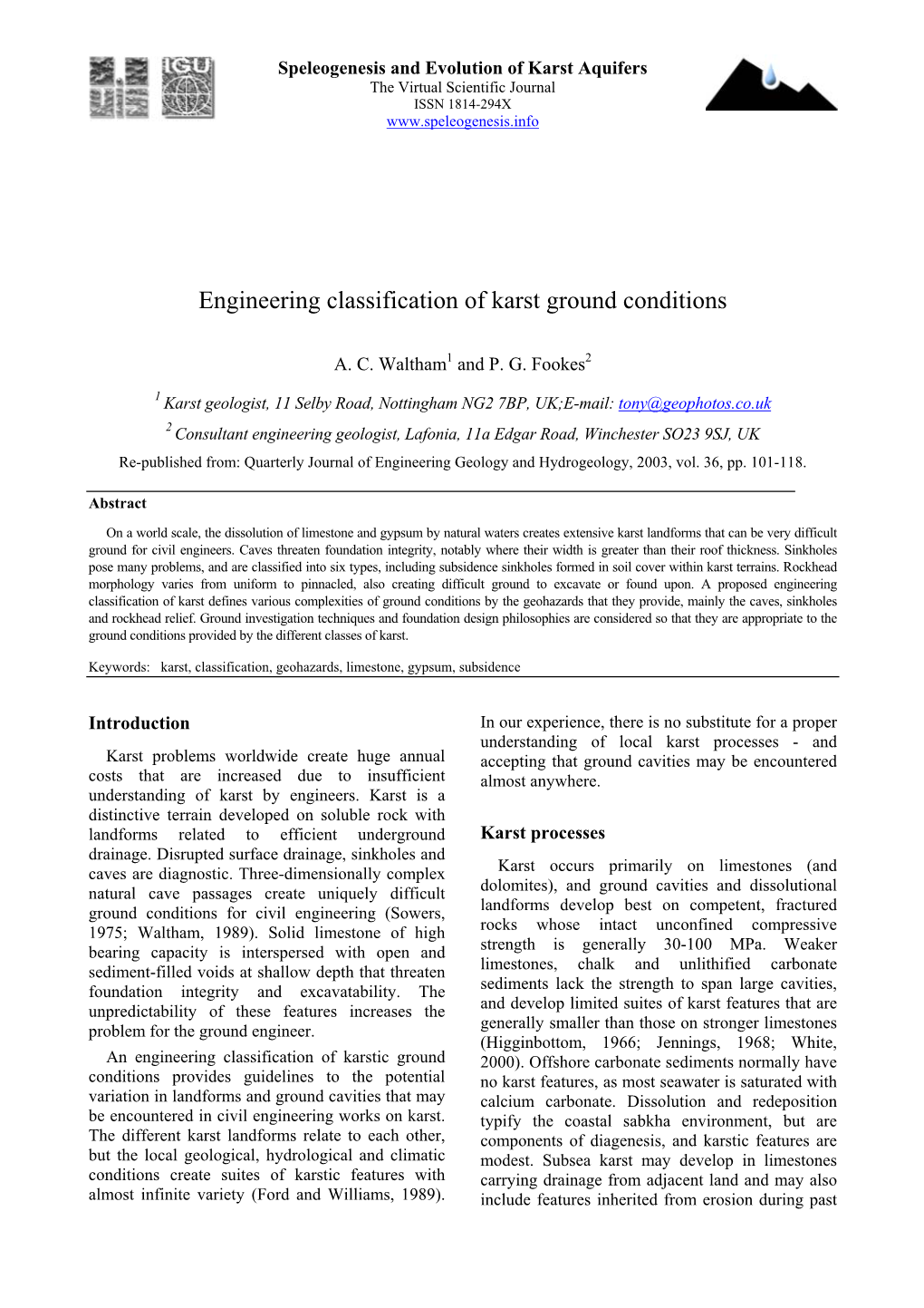 Engineering Classification of Karst Ground Conditions