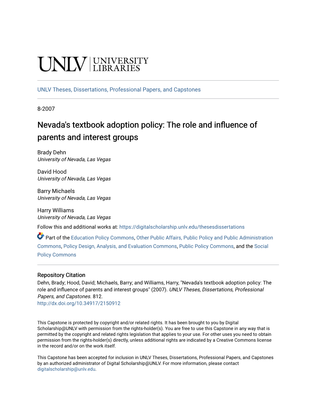Nevada's Textbook Adoption Policy: the Role and Influence of Parents and Interest Groups