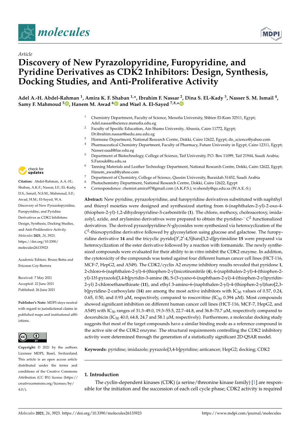 Discovery of New Pyrazolopyridine, Furopyridine, and Pyridine Derivatives As CDK2 Inhibitors: Design, Synthesis, Docking Studies, and Anti-Proliferative Activity