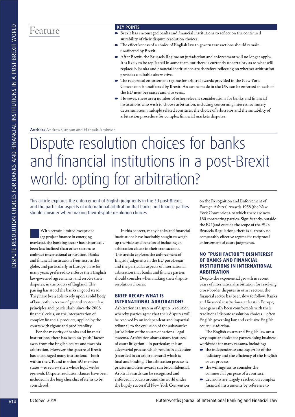 Dispute Resolution Choices for Banks and Financial Institutions in a Post-Brexit World: Opting for Arbitration?