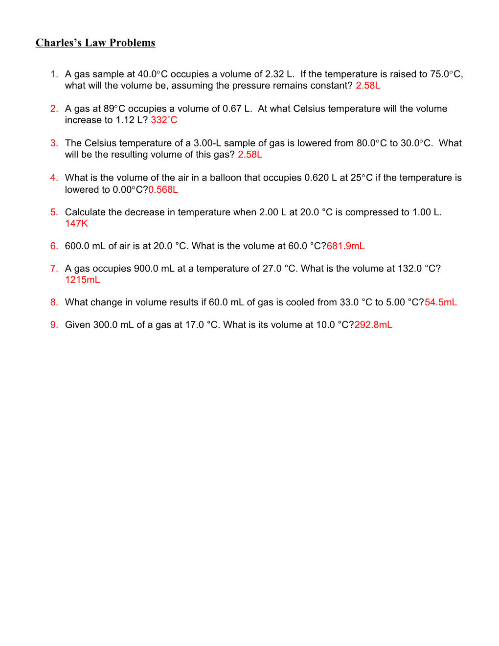 Charles S Law Sample Problems