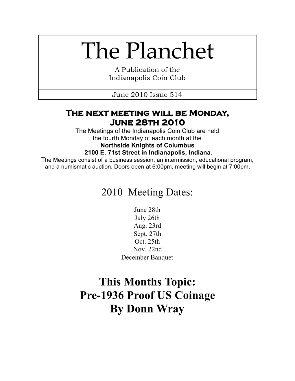 The Planchet a Publication of the Indianapolis Coin Club