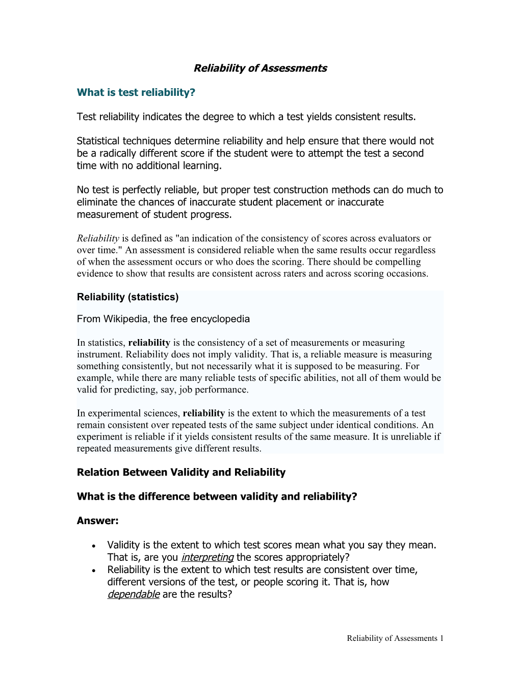 Reliability of Assessments