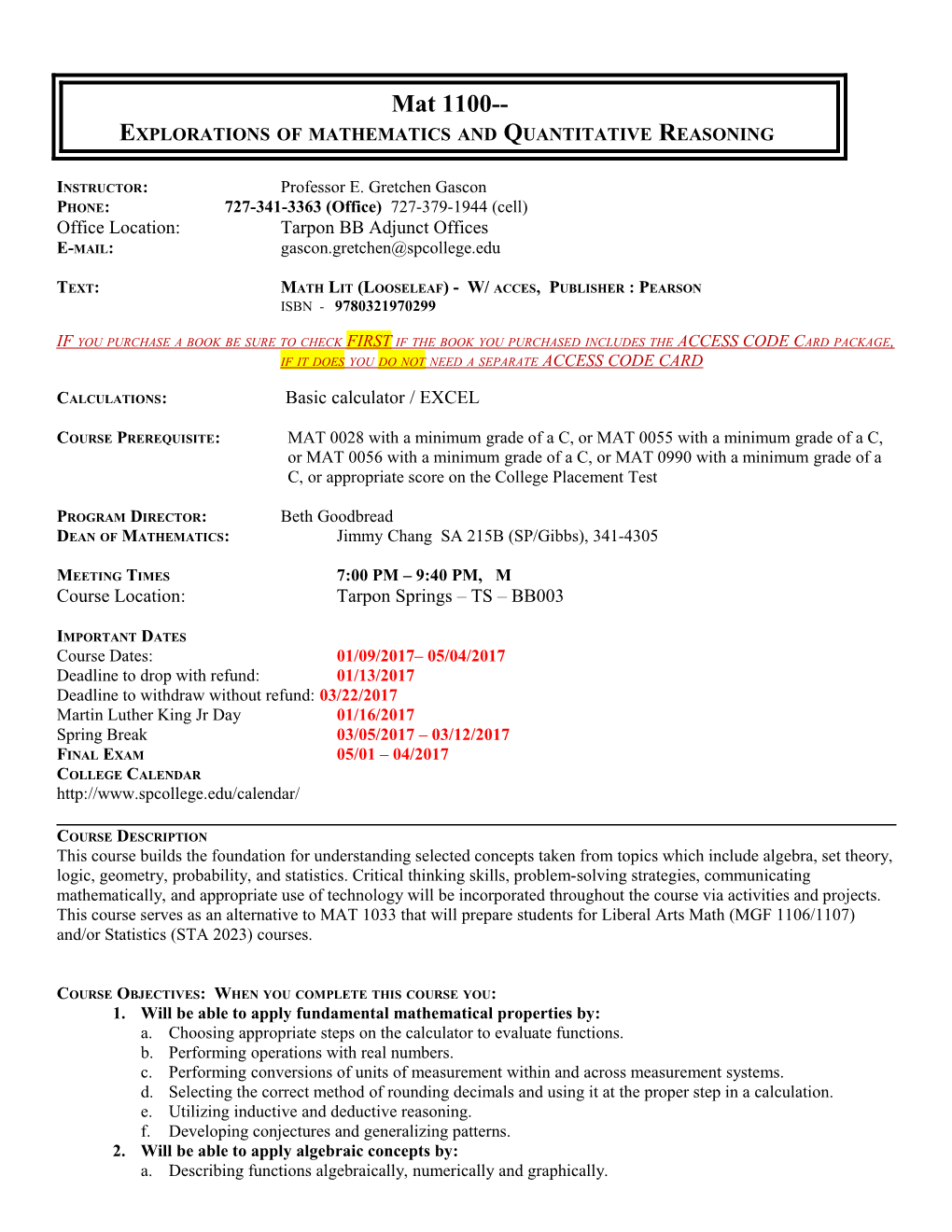 MAT 1100 Explorations of Mathematics and Quantitative Reasoning Gascon