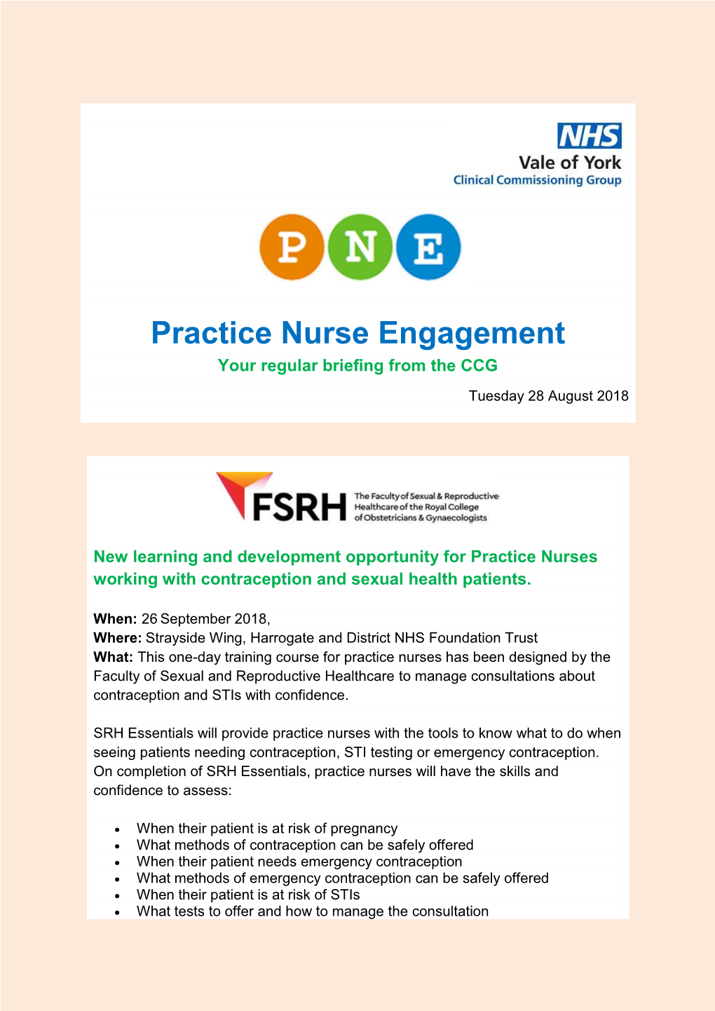 Practice Nurse Engagement Your Regular Briefing from the CCG
