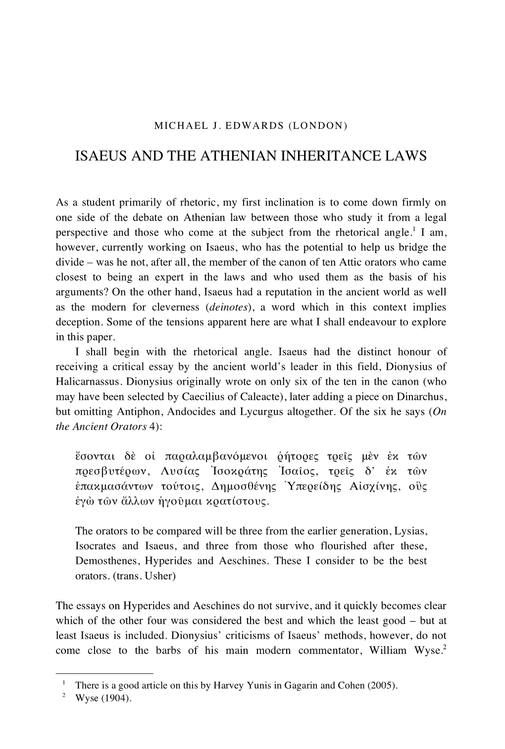 Isaeus and the Athenian Inheritance Laws