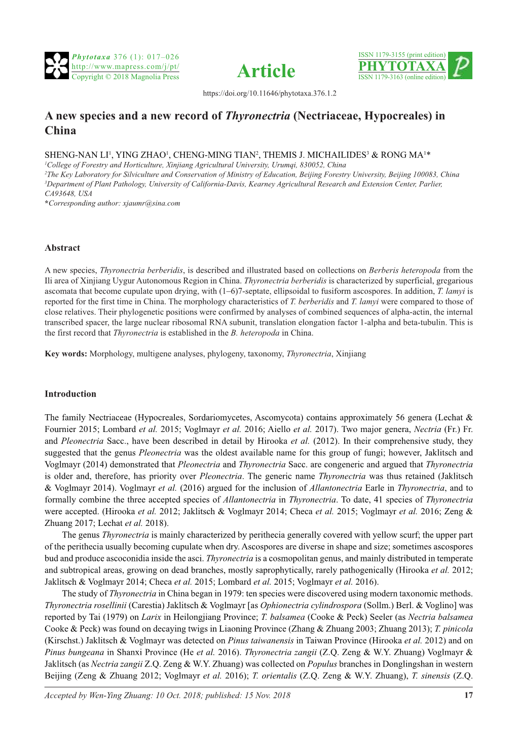 A New Species and a New Record of Thyronectria (Nectriaceae, Hypocreales) in China