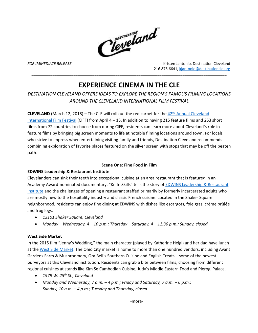 Experience Cinema in the Cle Destination Cleveland Offers Ideas to Explore the Region’S Famous Filming Locations Around the Cleveland International Film Festival