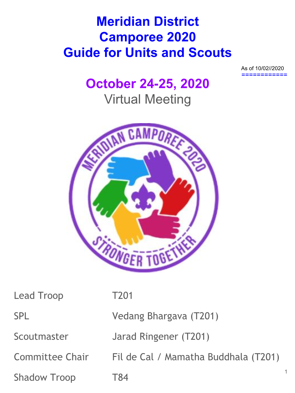 Meridian District Camporee 2020 Guide for Units and Scouts October