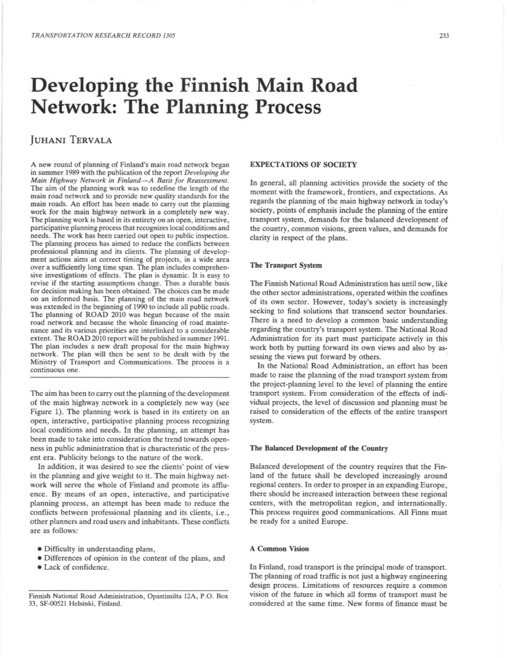 Developing the Finnish Main Road Network: the Planning Process