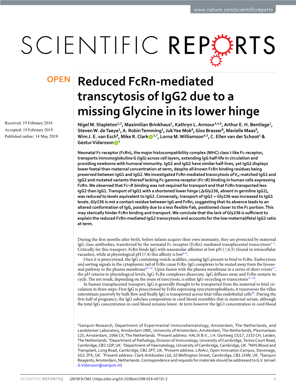 Reduced Fcrn-Mediated Transcytosis of Igg2 Due to a Missing Glycine in Its Lower Hinge Received: 19 February 2018 Nigel M