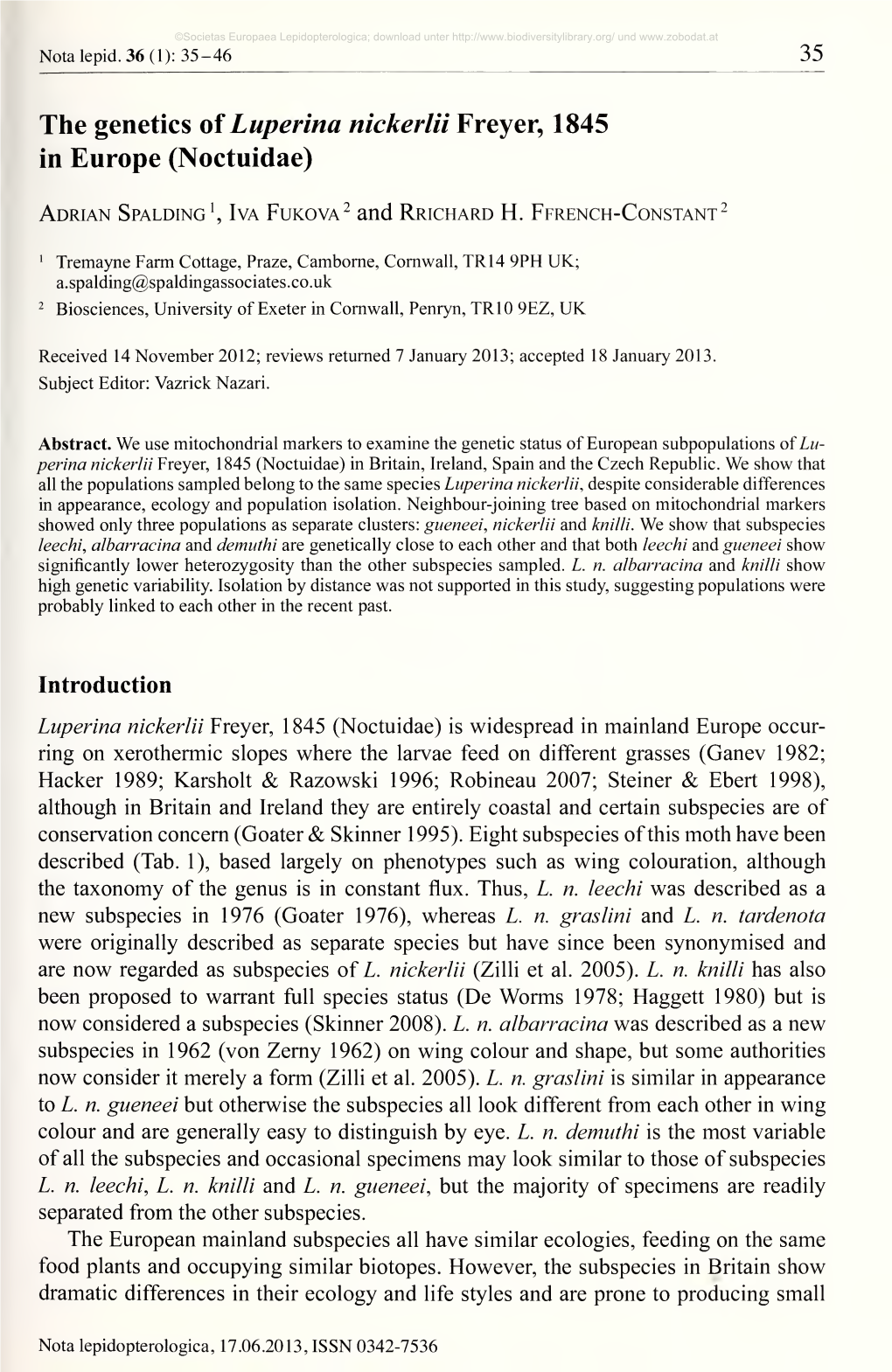 Nota Lepidopterologica, 17.06.2013, ISSN 0342-7536 ©Societas Europaea Lepidopterologica; Download Unter Und