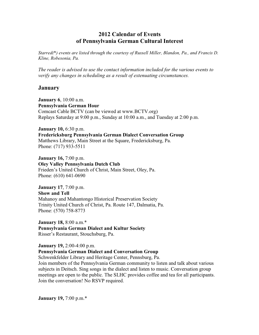 Calendar of Events of Pennsylvania German Cultural Interest