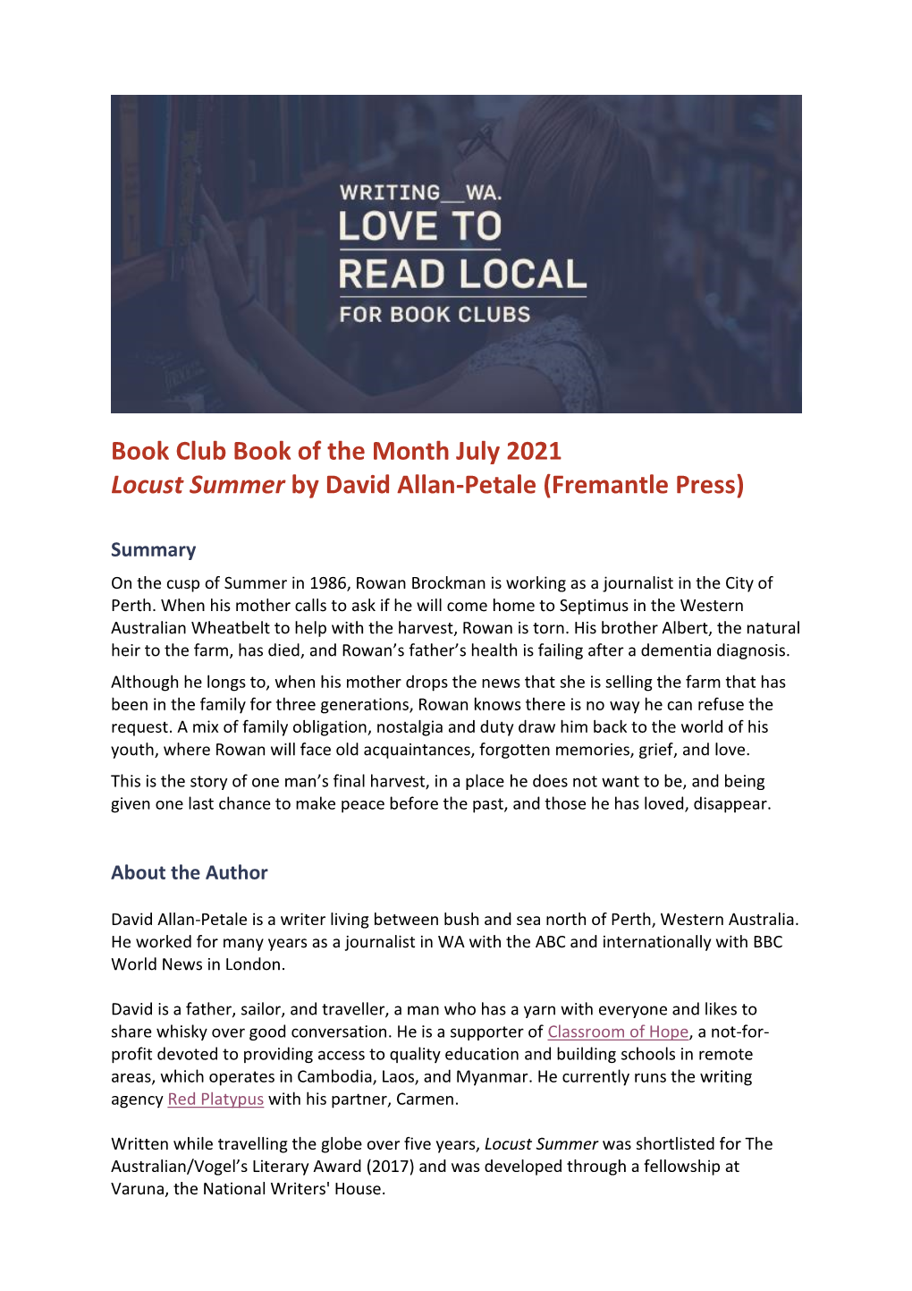 Book Club Book of the Month July 2021 Locust Summer by David Allan-Petale (Fremantle Press)