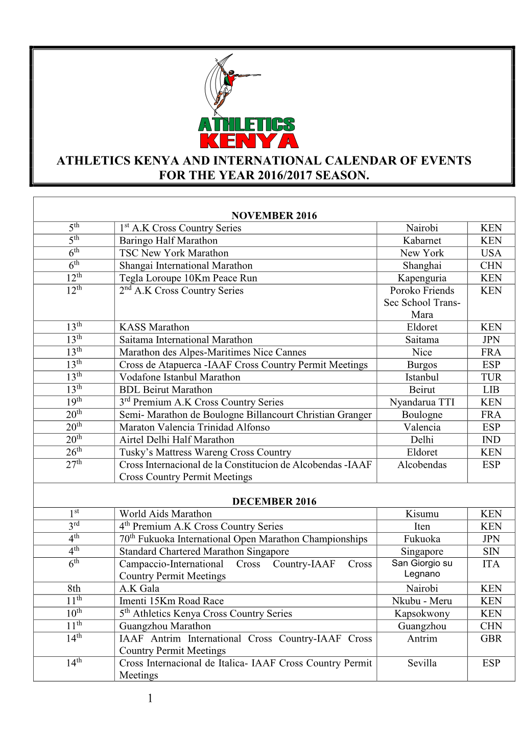 1 Athletics Kenya and International Calendar Of