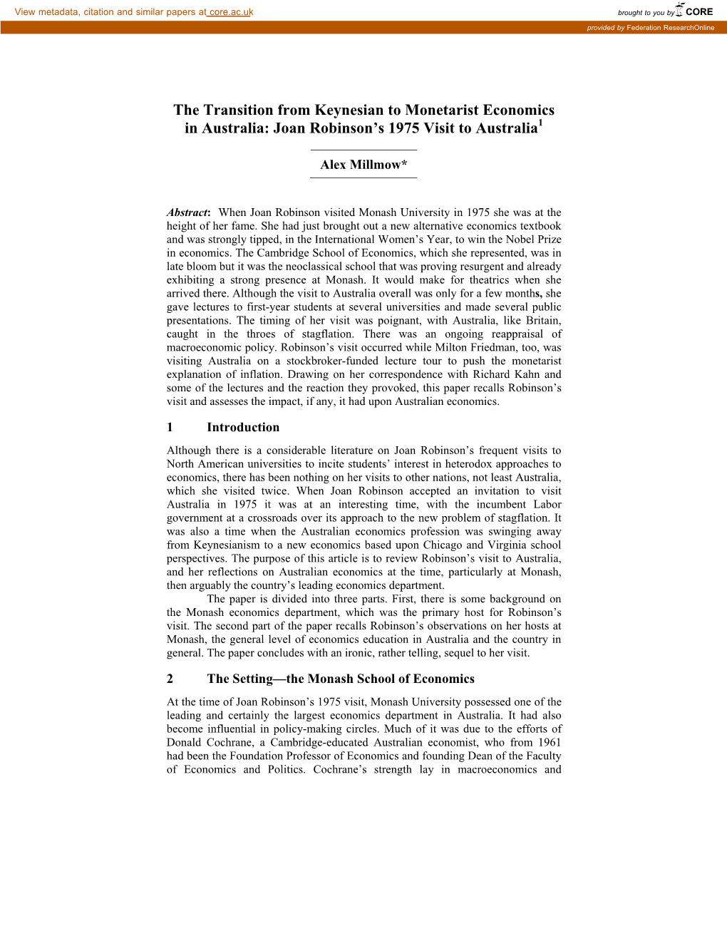 The Transition from Keynesian to Monetarist Economics in Australia: Joan Robinson’S 1975 Visit to Australia1