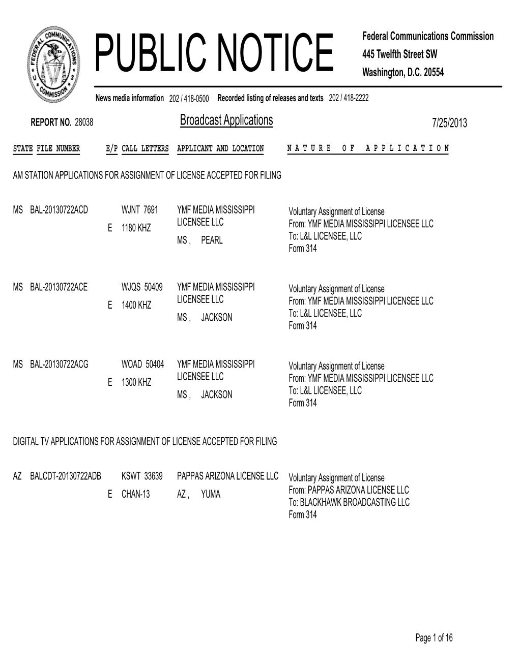 Broadcast Applications 7/25/2013