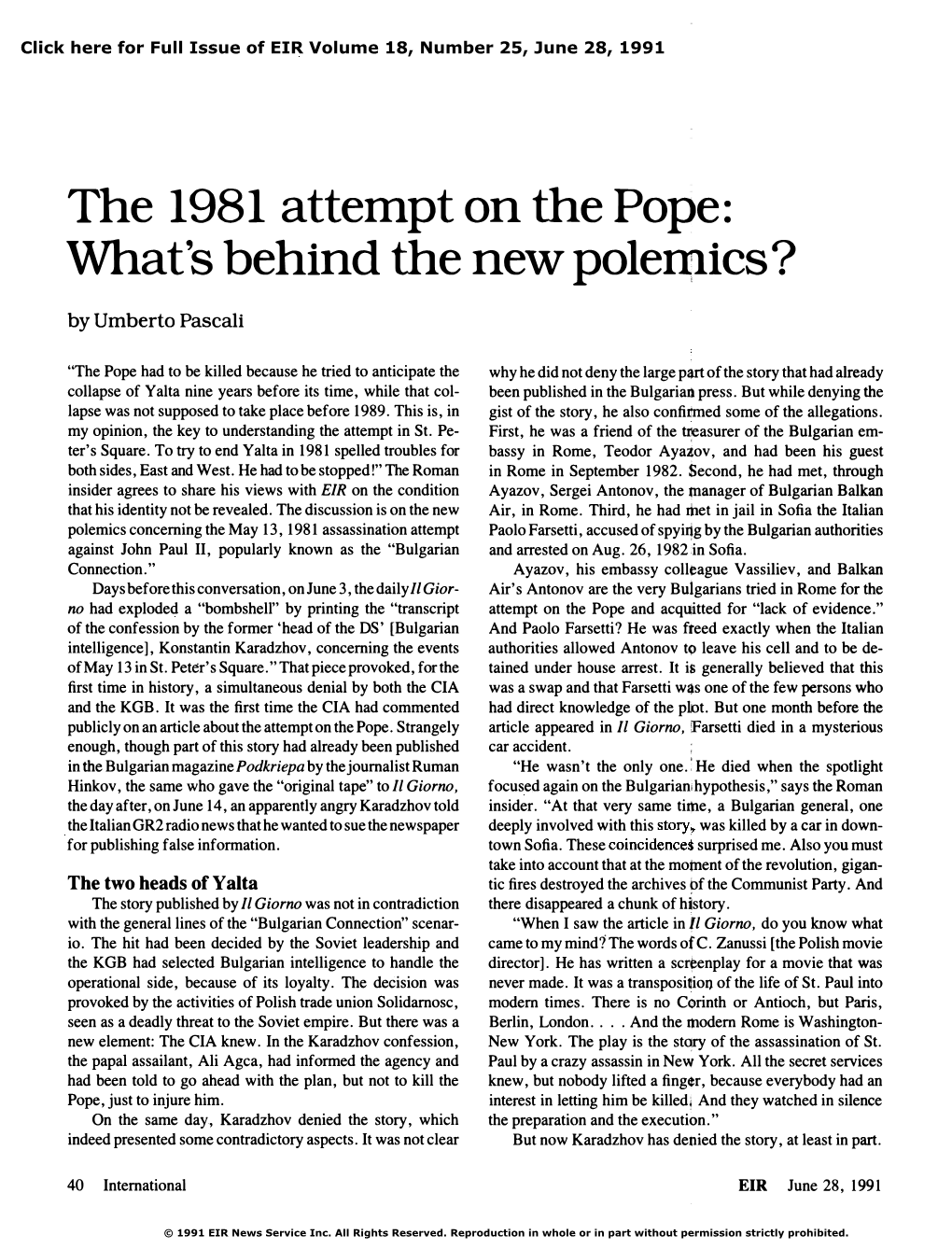 The 1981 Attempt on the Pope: What's Behind the New Pole�Ics?