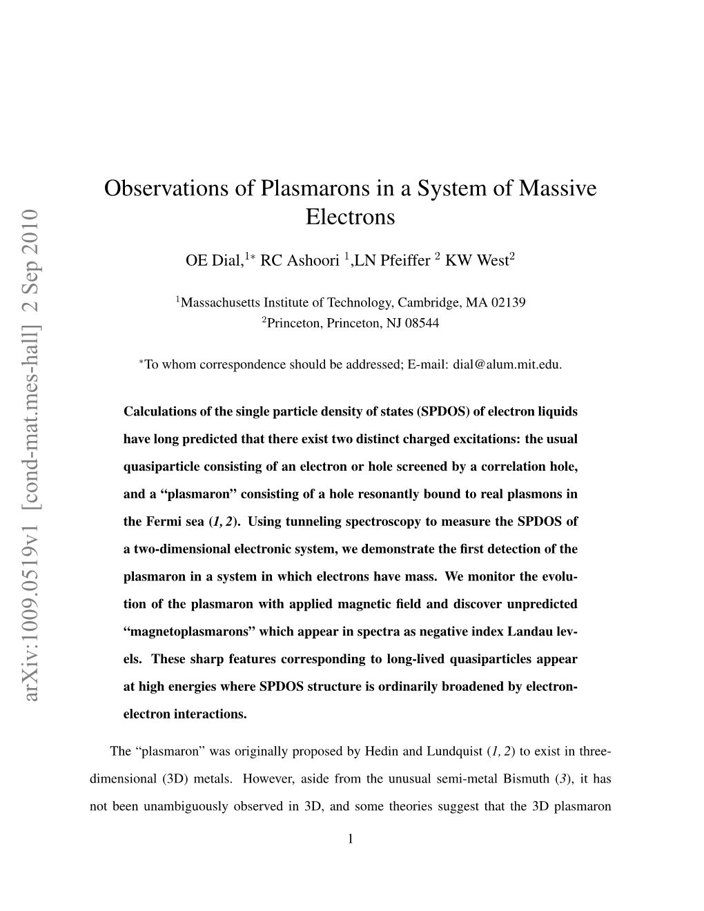 Observations of Plasmarons in a System of Massive Electrons Arxiv