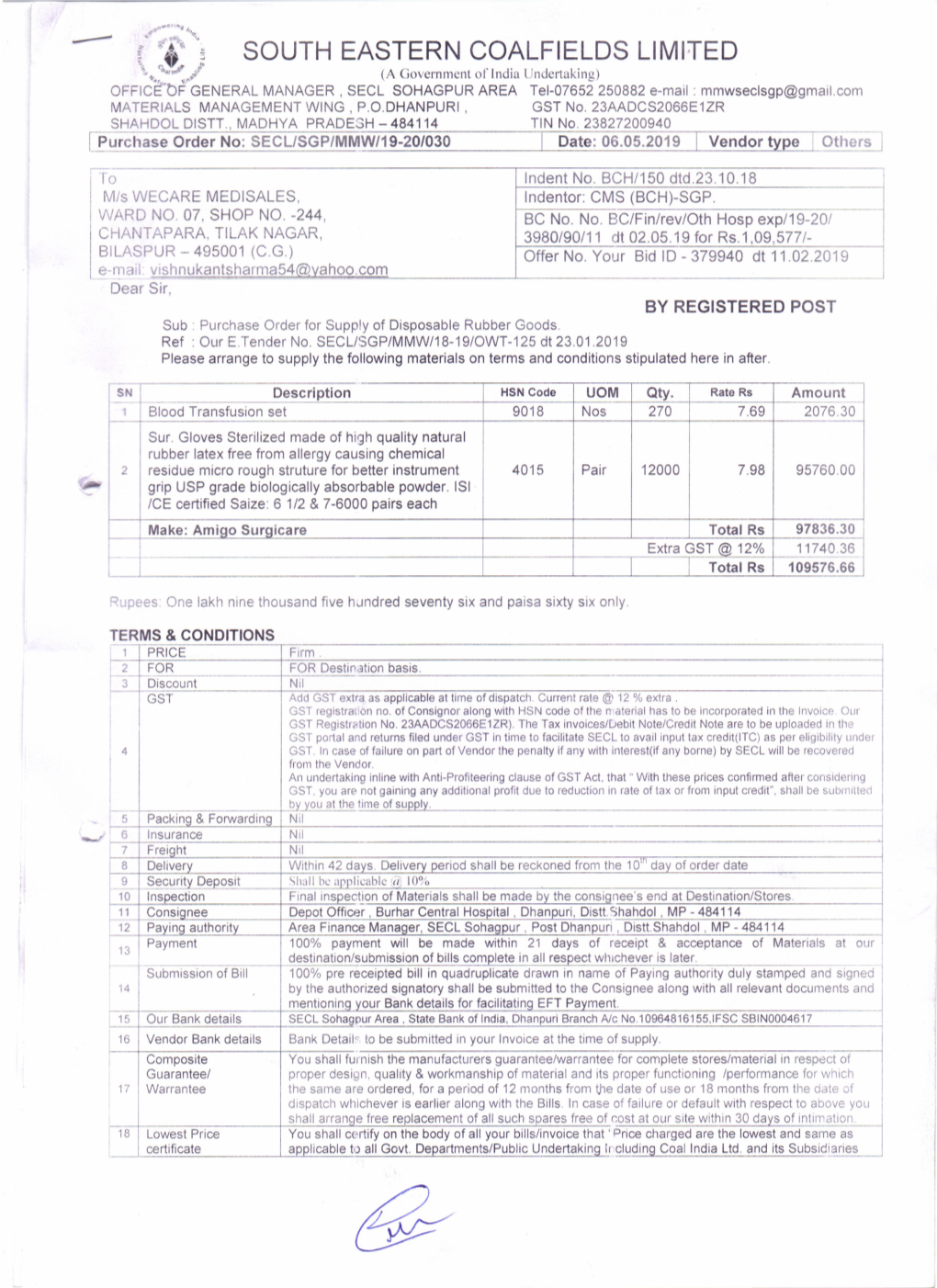 Indent No. BCH/150 Dtd.23.10.18 Mis WECARE MEDISALES, Indentor