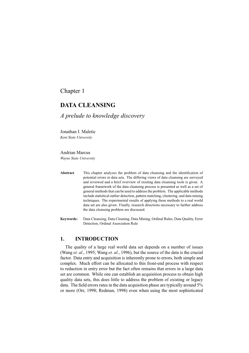 Chapter 1 DATA CLEANSING a Prelude to Knowledge Discovery