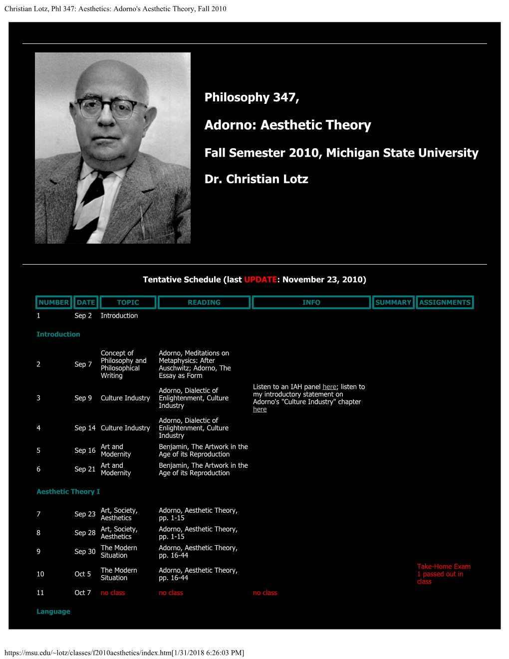 Aesthetics: Adorno's Aesthetic Theory, Fall 2010