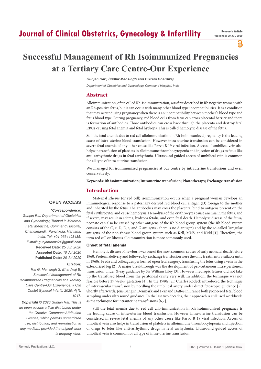 Successful Management of Rh Isoimmunized Pregnancies at a Tertiary Care Centre-Our Experience