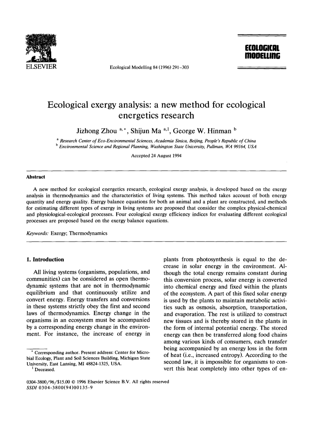 Ecological Exergy Analysis: a New Method for Ecological Energetics Research