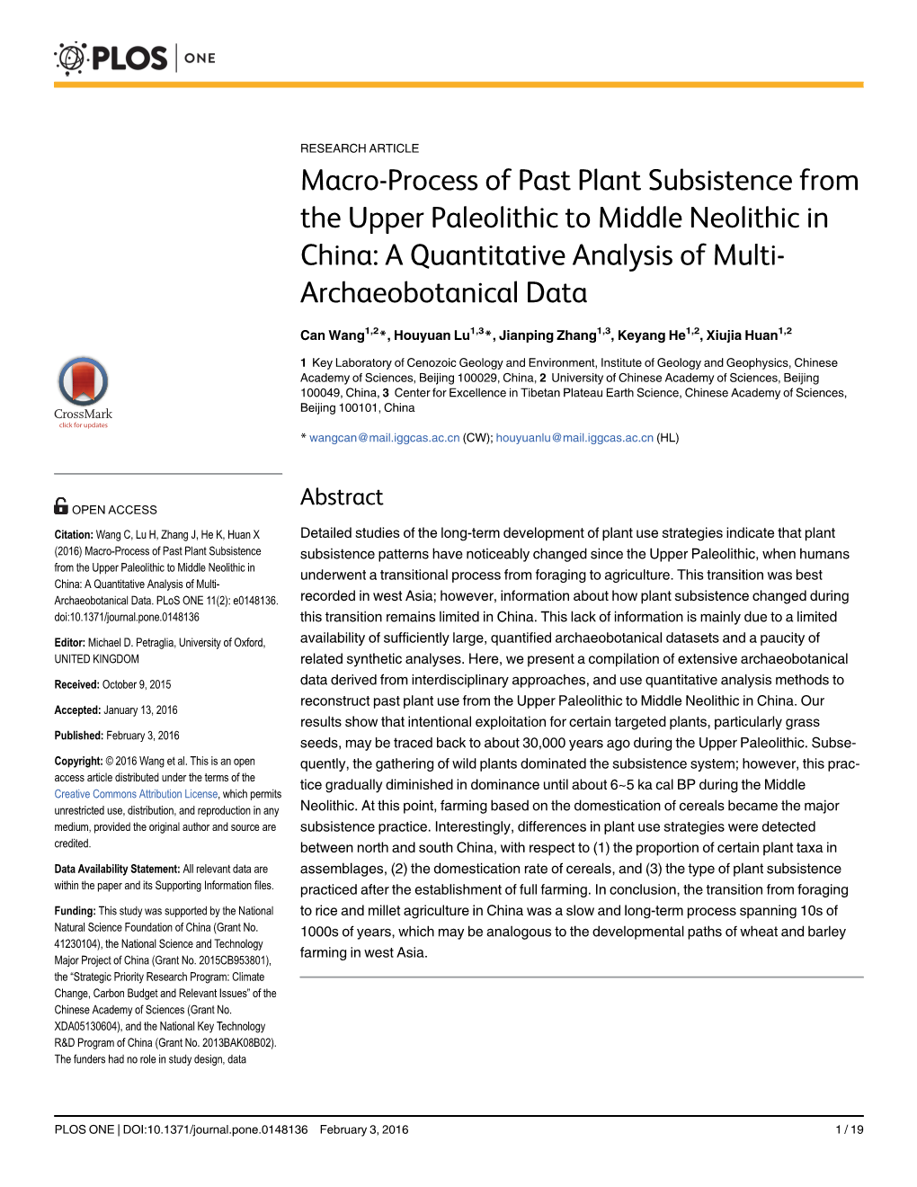 Macro-Process of Past Plant Subsistence from the Upper Paleolithic to Middle Neolithic in China: a Quantitative Analysis of Multi- Archaeobotanical Data