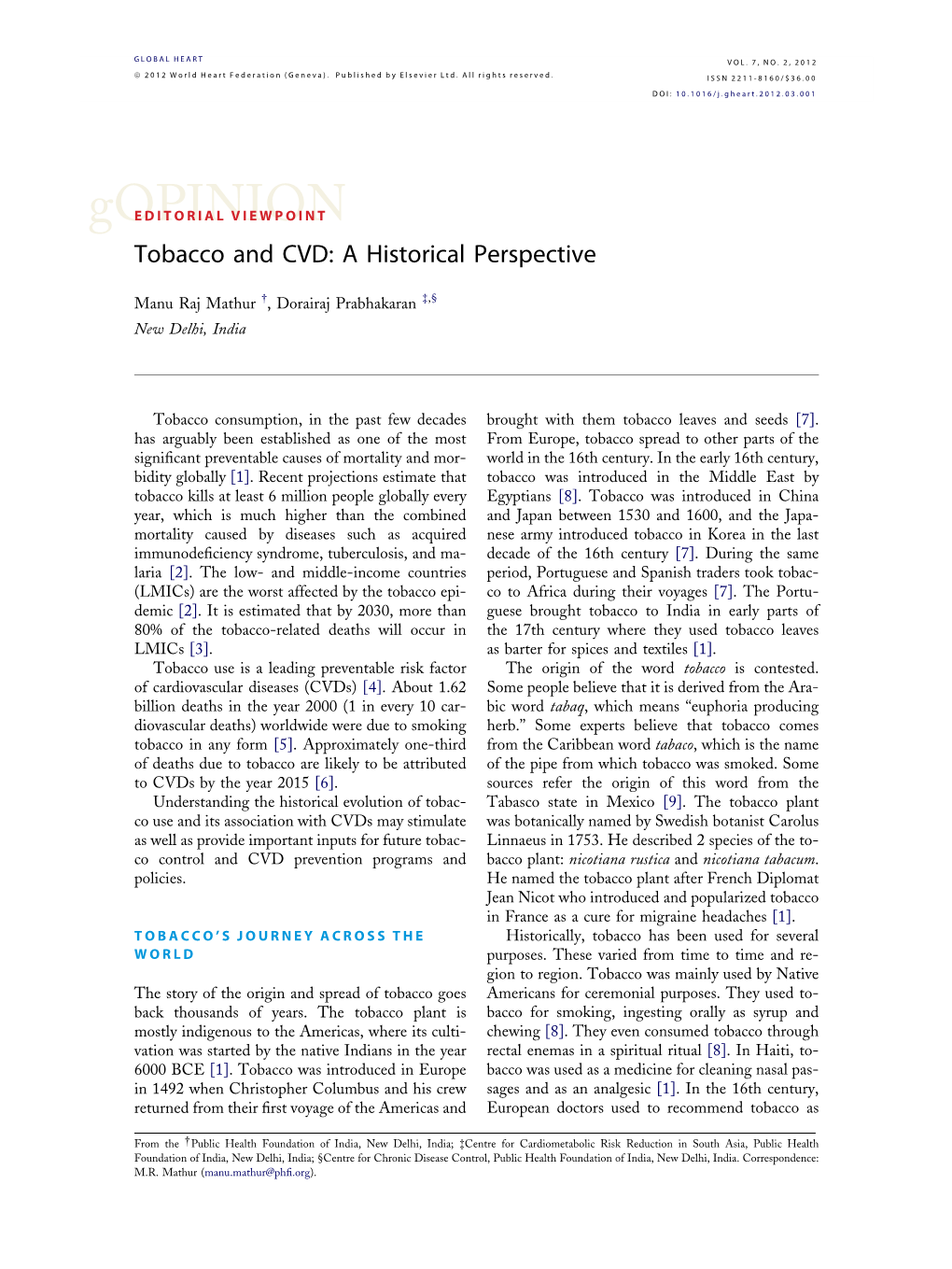 Tobacco and CVD: a Historical Perspective