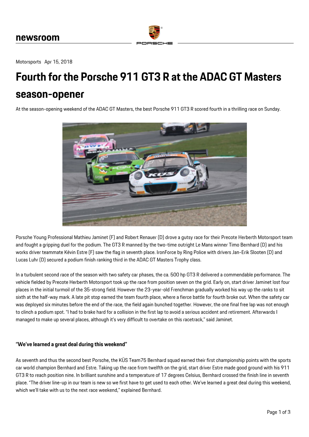 Fourth for the Porsche 911 GT3 R at the ADAC GT Masters Season-Opener